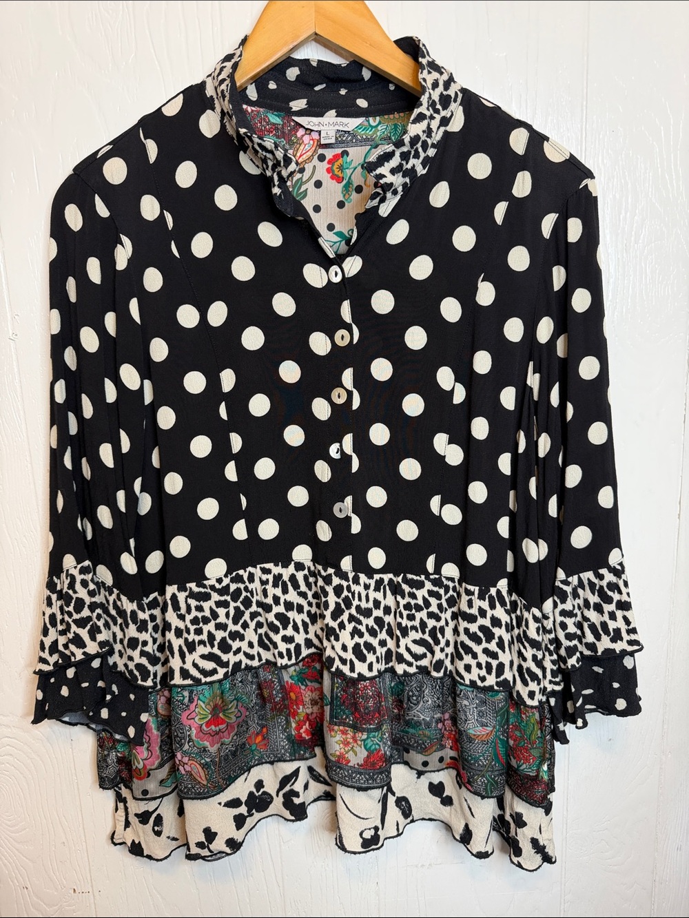 John Mark Black & White Polka Dot Mixed-Print Button Front Blouse L